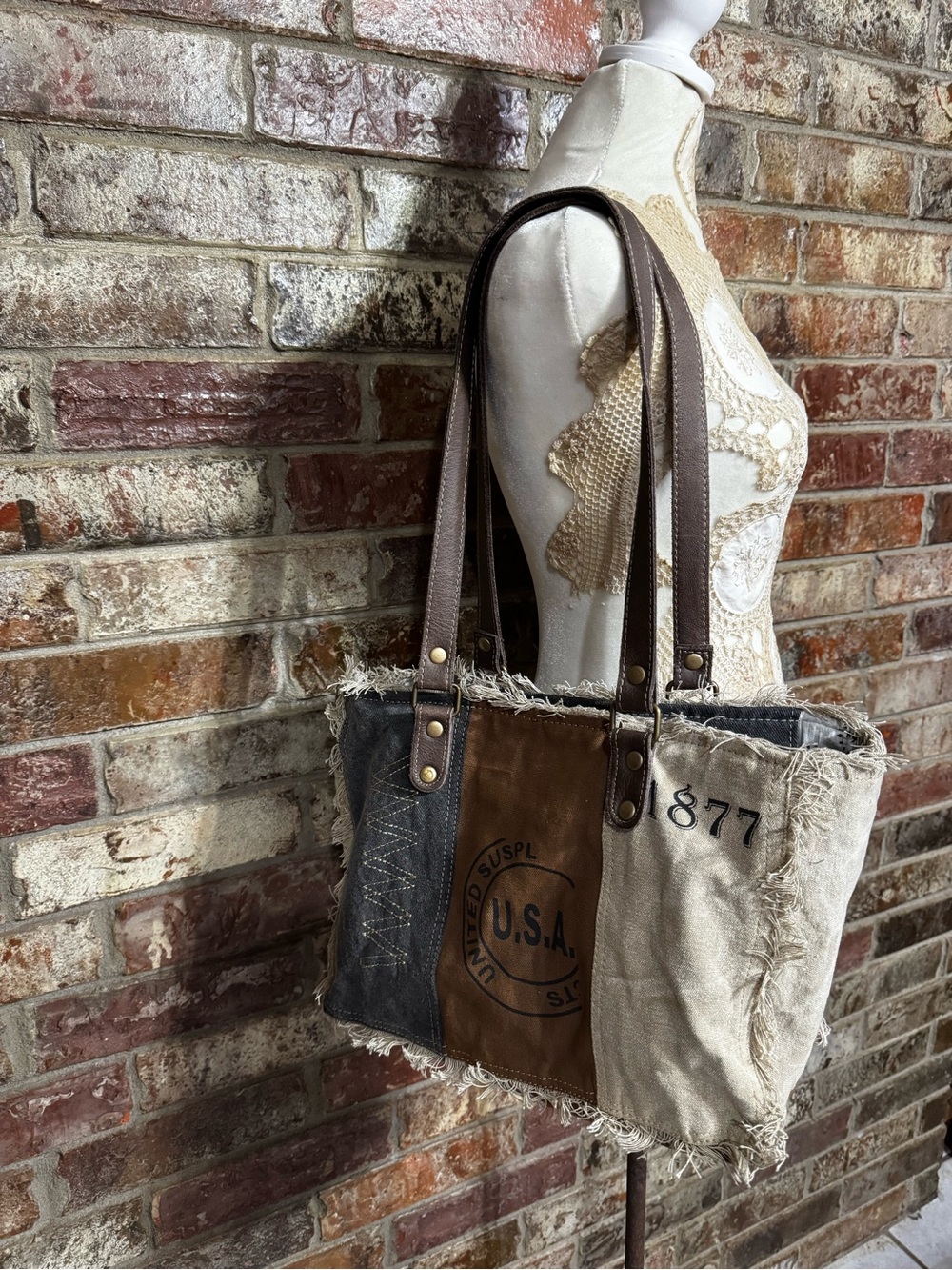 Myra Bag Patchwork Canvas Tote in Beige, Brown and Gray